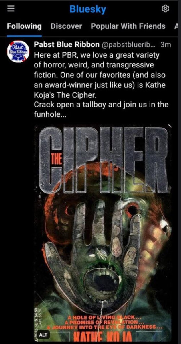 CRSRipley's tweet image. “Crack open a tallboy and join us in the funhole” is good advice from @PabstBlueRibbon, my new favorite literary critic
#thecipher @KatheKoja @MeerkatPress @CrossroadPress ⁦@roadswell⁩