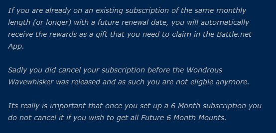 LynMemories's tweet photo. Why didn't I receive the 6-month mount reward although I am on a 12-month sub?
Don't get me wrong, I understand the reason but it is definitely NOT rewarding for players with an active subscription that lasts for another 6 months!!!😡😡😡

#worldofwarcraft @WarcraftDevs @Warcraft https://t.co/xNoO0Knni5