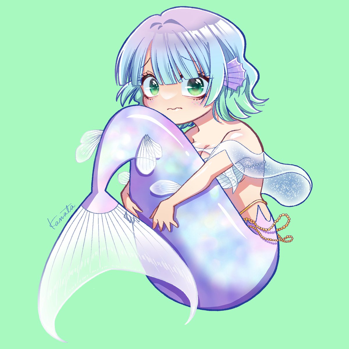 「デフォルメ人魚ちゃん塗った!!アニメ塗りっぽいいつもと違う塗りに挑戦しました、ど」|かなた＠通販停止中のイラスト