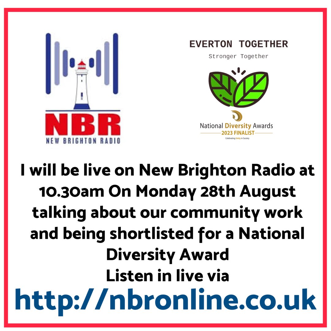 Kevin Robinson-Hale (@everton2gether) on Twitter photo I am on new Brighton radio <a href="/NBR_Wallasey/">New Brighton Radio (NBR)</a>
Talking about our shortlisting for a <a href="/ndawards/">National Diversity Awards</a> and what we do in the community and wider afield
If you fancy it you can listen in Live from 10.30am This coming Monday - 28th August via nbronline.co.uk/on-air.html I am on new Brighton radio <a href="/NBR_Wallasey/">New Brighton Radio (NBR)</a>
Talking about our shortlisting for a <a href="/ndawards/">National Diversity Awards</a> and what we do in the community and wider afield
If you fancy it you can listen in Live from 10.30am This coming Monday - 28th August via nbronline.co.uk/on-air.html