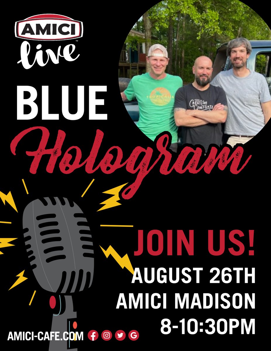 amicimadison's tweet photo. Join us TONIGHT for Blue Hologram L I V E!π€©
#LiveMusic #Amici #AmiciLIVE #music #Madison #fun #SaturdayNight #datenight #local #musician #liveshow #foodie #pizzawingsfriends #BlueHologram https://t.co/k3azCBbfBf
