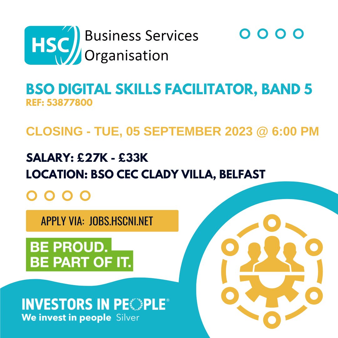 Are you passionate about digital technology and education? @BSO_NI are seeking a Band 5 Digital Skills Facilitator Closing: Tue, 05 Sept 2023 @ 6:00 PM For more info and to apply visit: jobs.hscni.net/Job/30289/bsob… #BSO #hscjobs #training #Belfast #NI #hscni #digitalfacilitator