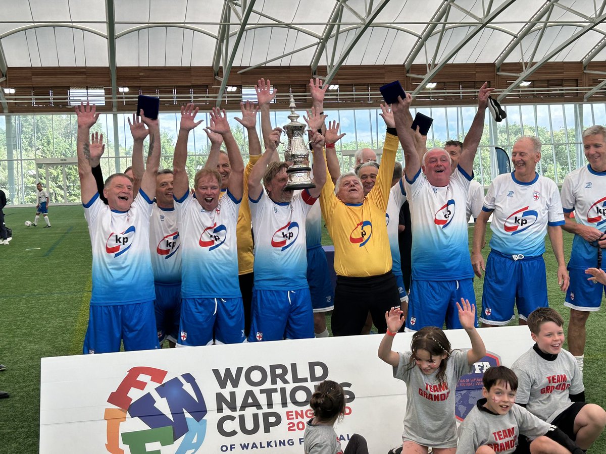 BirminghamWFC's tweet photo. England 60s win in the final v France 3-0 at #stgeorgespark #kppackaging #pharmacy2u #zicam #walkingfootballassociation World nations cup https://t.co/lxMC49WqQb