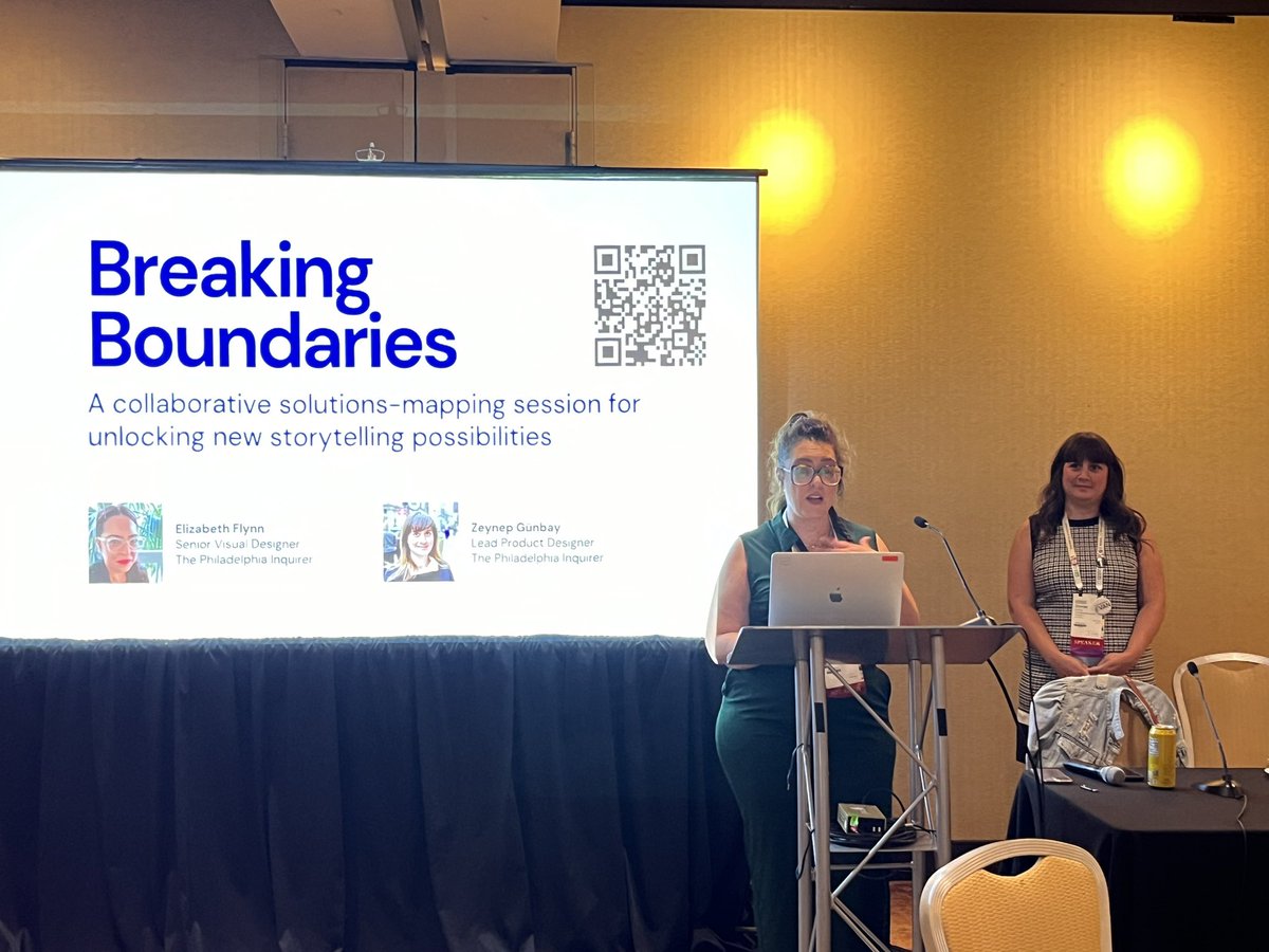 lindsdee's tweet photo. Brilliant designers running a brilliant #ONA23 session!! @nowizthetime and @zenyep are masters of breaking boundaries and keeping creativity at the center of the @PhillyInquirer 💡 https://t.co/XxvU6z4Uno