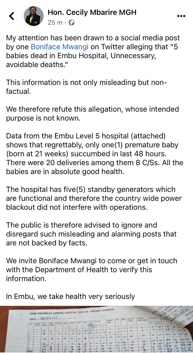 bonifacemwangi's tweet photo. Governor @CecilyMbarire says only one baby has died at Embu Hospital. https://t.co/pWyH35F9mL