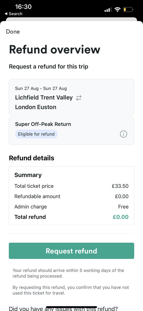 ogjt31's tweet photo. @thetrainline I’m trying to get a refund for my ticket tomorrow, which state’s eligible for a refund, and I’ve had an email about potential disruption yet it’s saying £0 refund? https://t.co/Zmu9q3VSsi