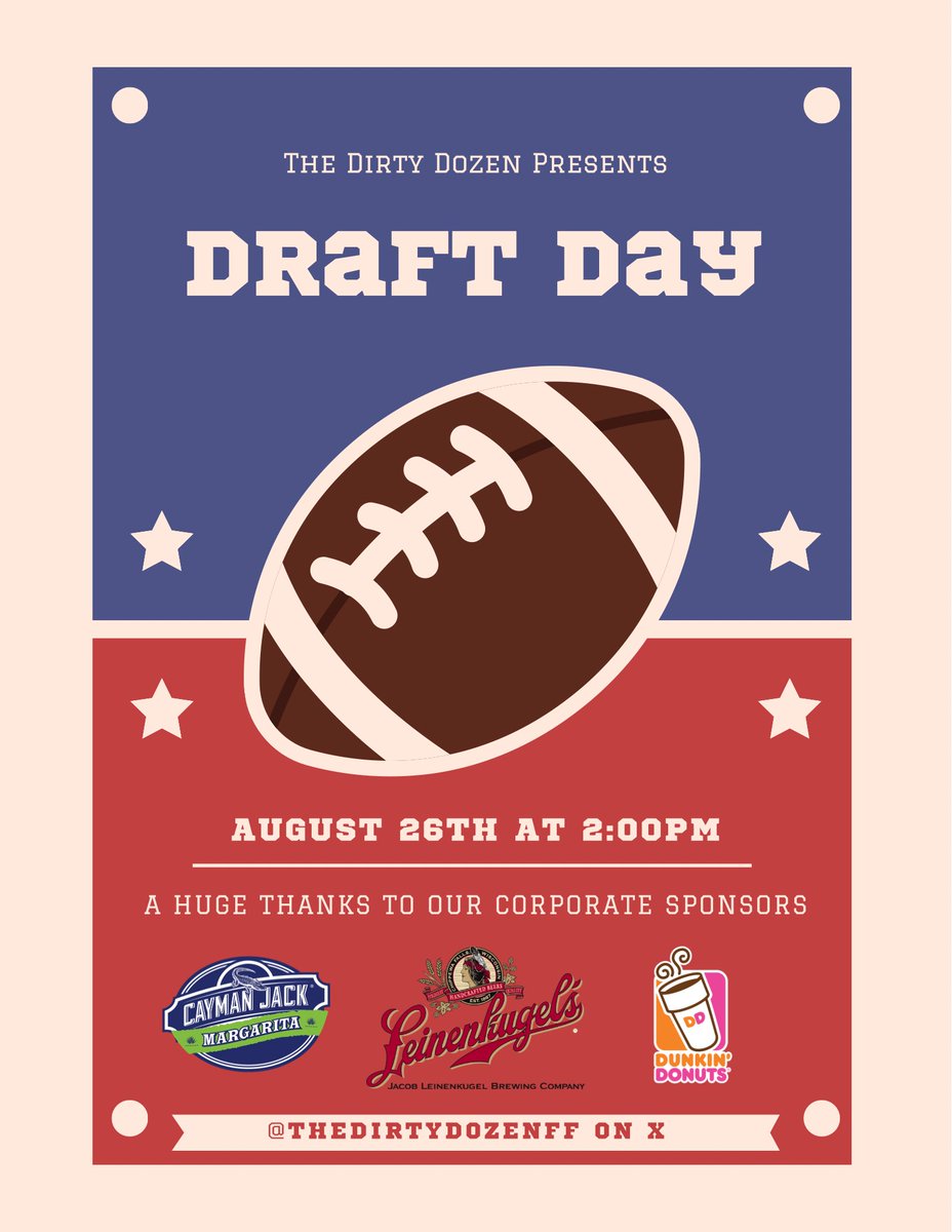 TheDirtyDozenFF's tweet photo. It’s officially Draft Day! The 2023-2024 Dirty Dozen draft kicks off at 2:00pm EST. 

A huge thanks to our corporate sponsors for today, @caymanjack, @Leinenkugels, and @dunkindonuts.

#DirtyDozenFF #DraftDay https://t.co/MUnTp9y214