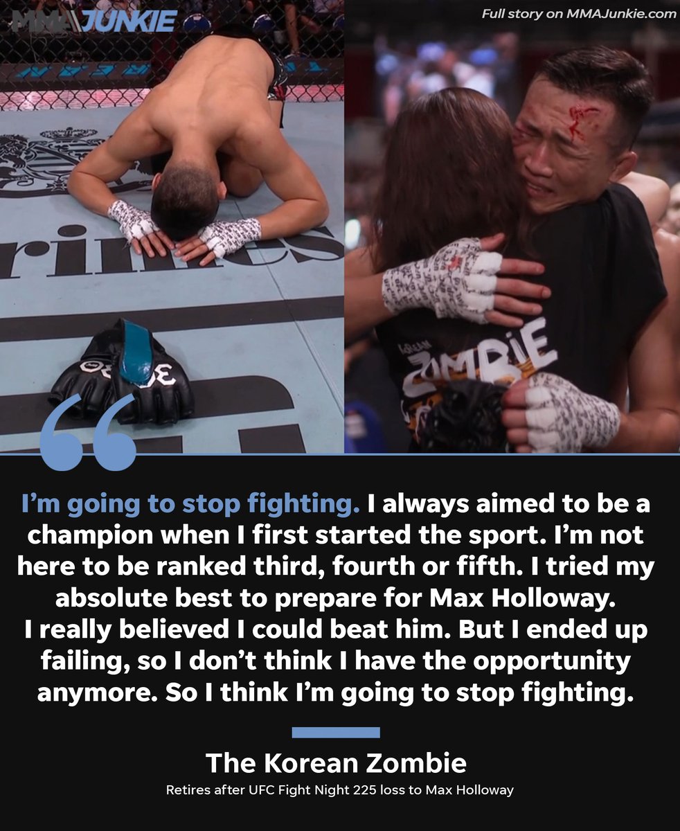 MMAJunkie's tweet photo. The Korean Zombie said farewell to fighting after his #UFCSingapore loss to Max Holloway 🧟‍♂️ https://t.co/tWOKwrwycf