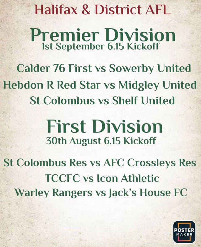 HalifaxAfl's tweet photo. Our first fixtures next weekend
@sowerby_fc @MidgleyunitedFC @StColumbas_AFC @ShelfUnited @CrossleyAFC @TCC_FC @IconAthleticFc @warleyrangersfc @JacksHouseFC https://t.co/g8LRL1cQwj