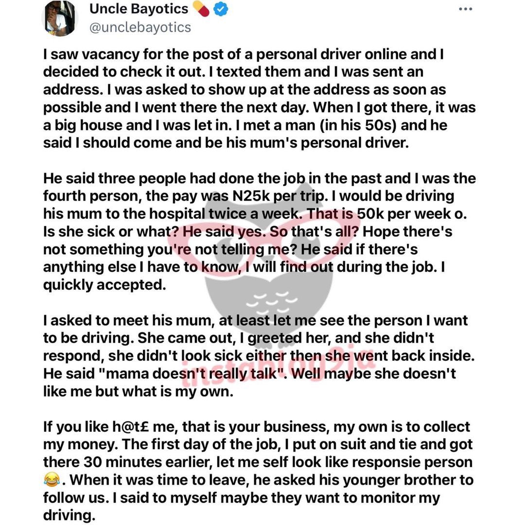 instablog9ja's tweet photo. Man narrates why he quit on the first day of a ‘mouthwatering’ job https://t.co/skkSTEtxZb