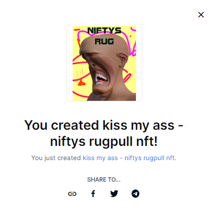 TheFoodMage's tweet photo. kiss my ass has been created
I will sell it for 5 dollars so it can be worth more than a nifty's NFT
#nft #rugpull #niftys #buildyourrealm https://t.co/Xz2LTFchig