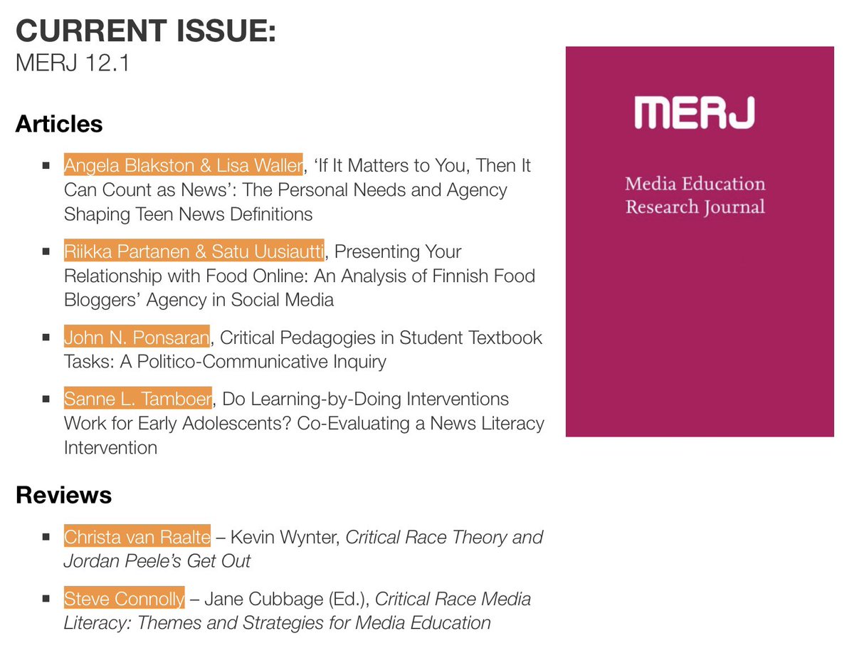 MERJournal's tweet photo. MERJ 12.1 is out now,featuring diverse work by @thedigihack Angela Blakston and Lisa Waller, Sanne Tamboer @SanneTamboer, Riika Partanen and Satu Uusiautti @ulapland, John N Ponsoran,and book reviews by Christa Van Raalte and Steve Connolly.
https://t.co/B64717QSCv
Please retweet https://t.co/6cCfA9ziGH