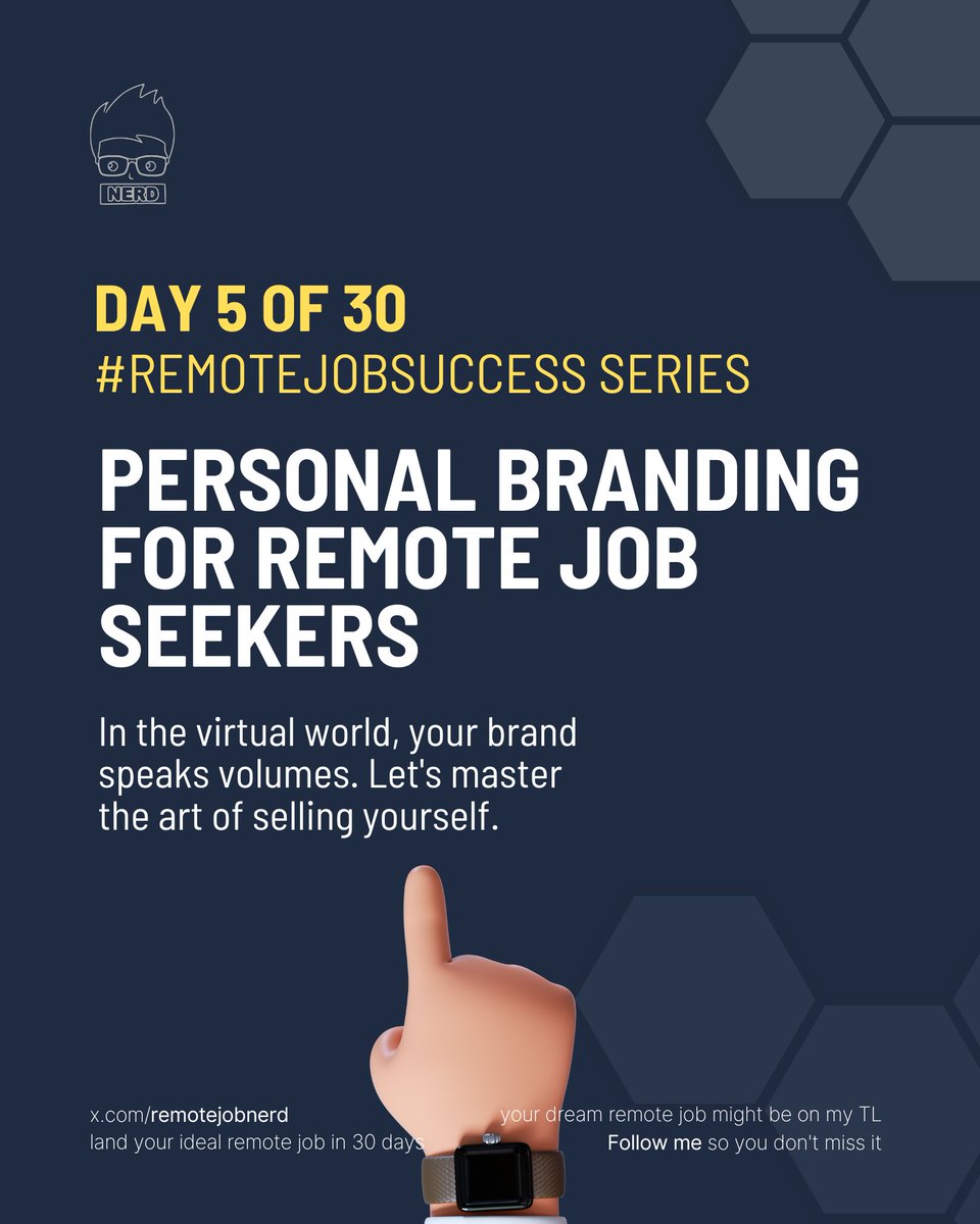 jae_2810's tweet photo. Day 5 of #RemoteJobSuccess:
Personal Branding for Remote Job Seekers
If a business needs branding, so do you. As a job seeker, you need to showcase yourself to recruiters in a positive light.
Here are a few tips on branding.
Letβs go π§΅
#remotejobs #TechisHiring #tips https://t.co/EgK2DcqaB8