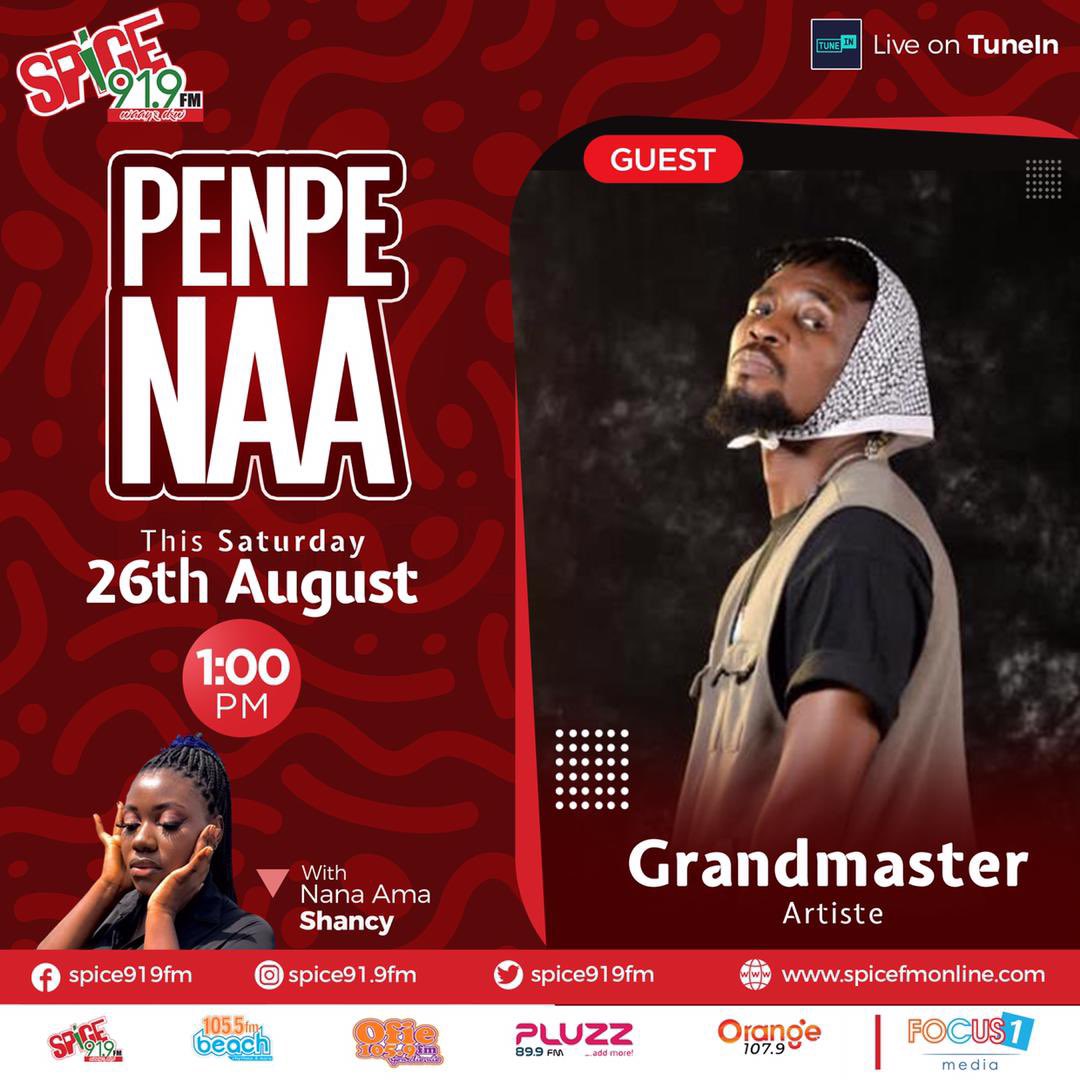 Spice919fm's tweet photo. GH musician @De__GrandMaster is our guest this afternoon on #Penpenaa talk show with @AbankwahShancy at 1pm on your dial. 

Entertainment Pundits @KofiAnsah_, @DonKreator &amp; #SireDrew also joins the conversation.   

TuneIn on #Spice919fm

#Waayɛdɛw https://t.co/WfJpzHWZ72