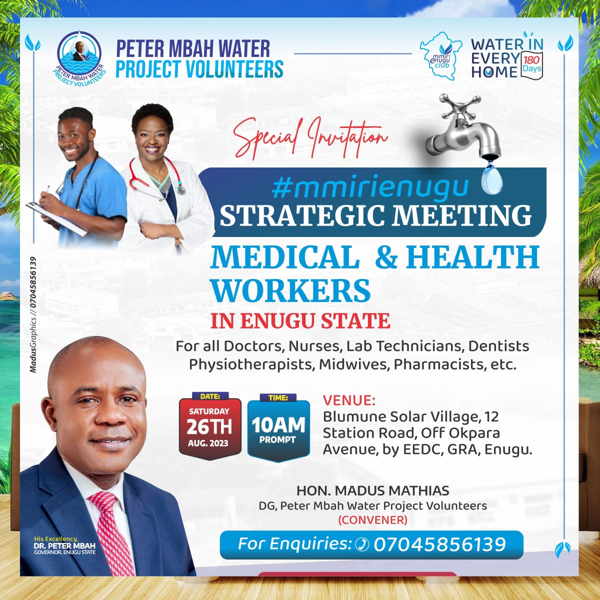 MbahWater23782's tweet photo. Our Dear Esteemed Volunteers are by this notice be reminded of the STRATEGIC MEETING WITH HEALTH WORKERS IN ENUGU STATE today, Saturday 26th August, 2023 by 10am at Blumune Solar Village, No. 12 Station Road, by EEDC, Off Okpara Avenue Enugu.  
#mmirienugu 
#kwadommirienugu https://t.co/NW706Qma1Q