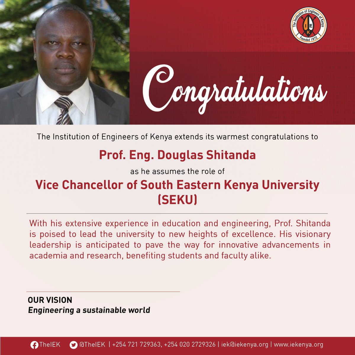 IEK Congratulates Eng. Prof. Douglas Shitanda on his appointment.
<a href="/EngineersBoard/">Engineers Board of Kenya</a>