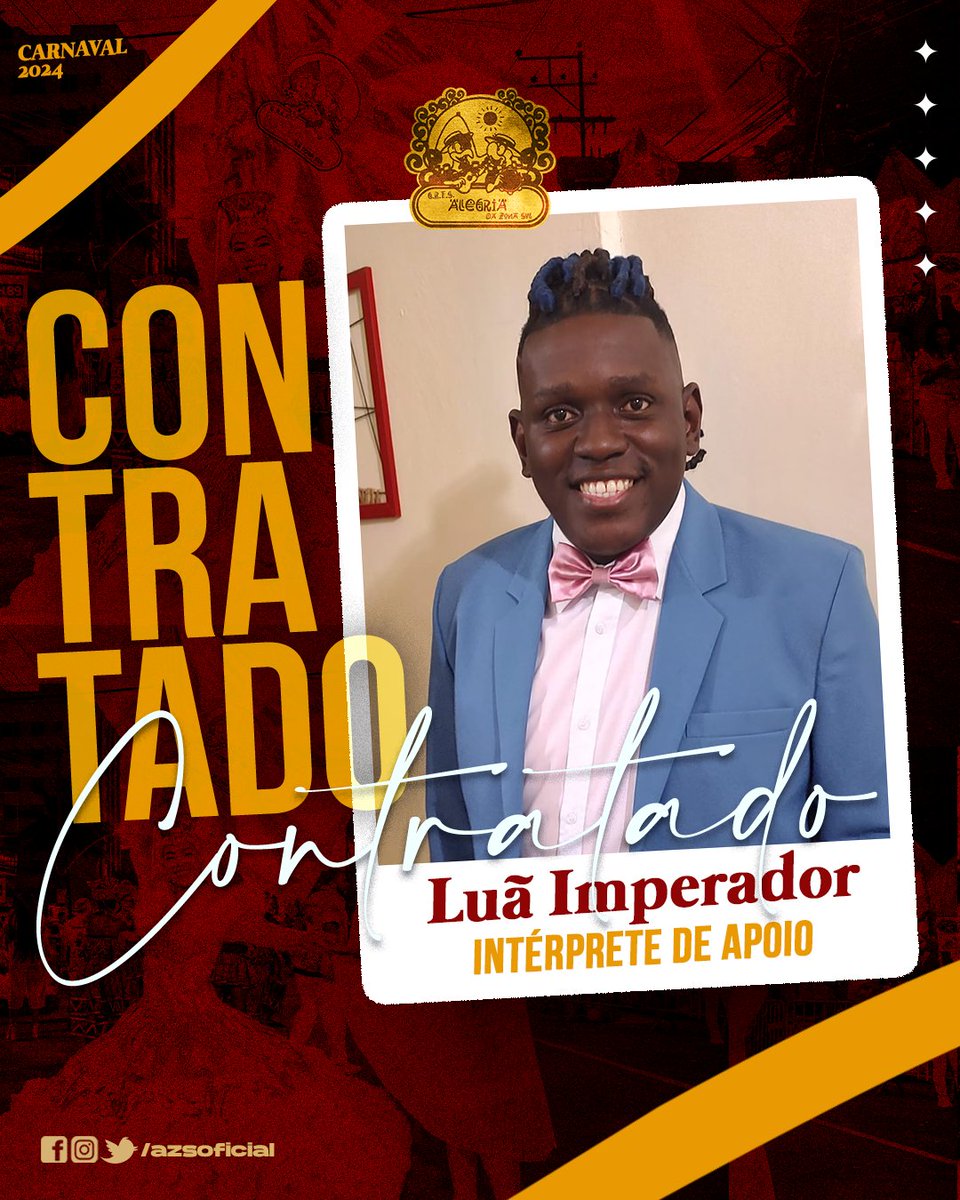 azsoficial's tweet photo. A Alegria da Zona Sul anuncia a chegada de Luã Imperador como novo integrante do carro de som! Luã já foi  apoio da AZS em 2016, do Siri de Ramos em 2017, da Imperatriz Leopoldinense de 2017 até 2020 e da Unidos de Manguinhos em 2022. Seja bem-vindo, Luâ! 

#carnaval2024 https://t.co/sQqaXQm0QZ
