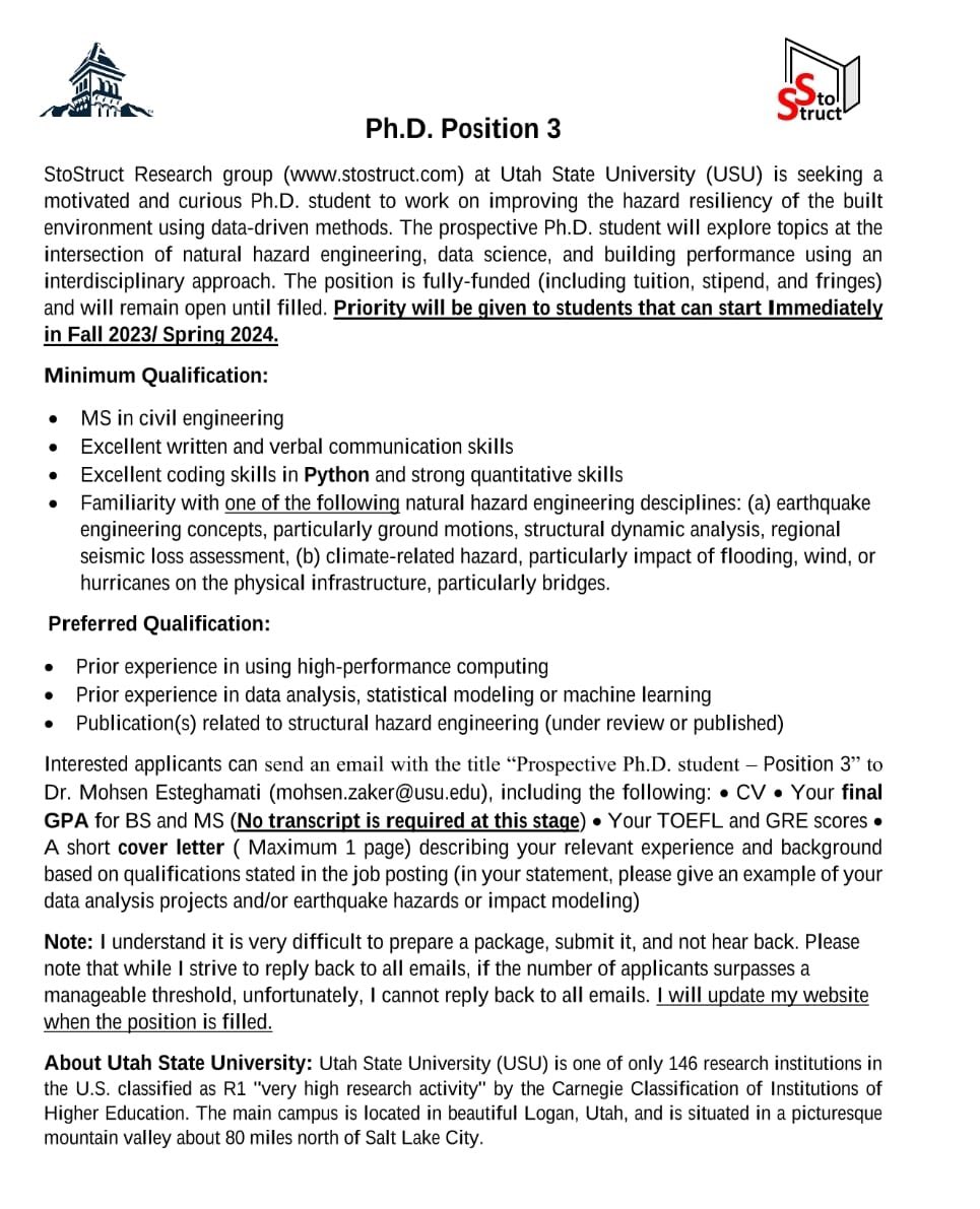 Position is available for PhD students to work on improving the hazard resiliency at Utah State University. Check full details below 👇 #PhD #UtahStateUniversity #SCIENCE