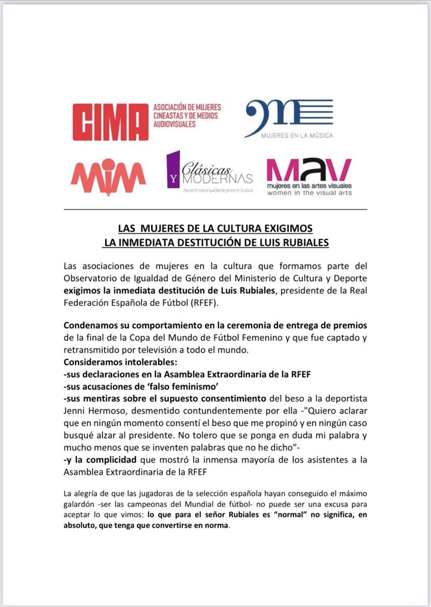 CyM_tw's tweet photo. Las mujeres de la cultura exigimos la destitución de Luis Rubiales. 
#SeAcabó https://t.co/VvrXef1Wnb