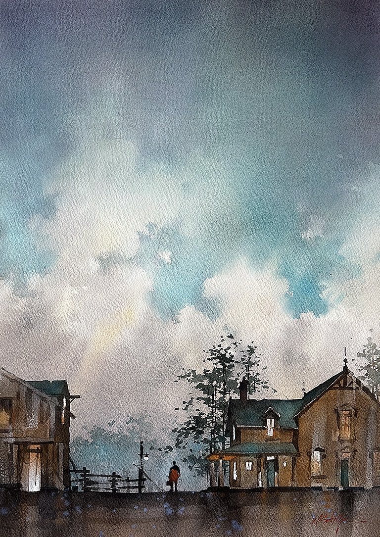twschaller's tweet photo. Early Morning Commute. Happy Weekend Everyone! #sky #watercolor #painting https://t.co/saE5G0cWC4