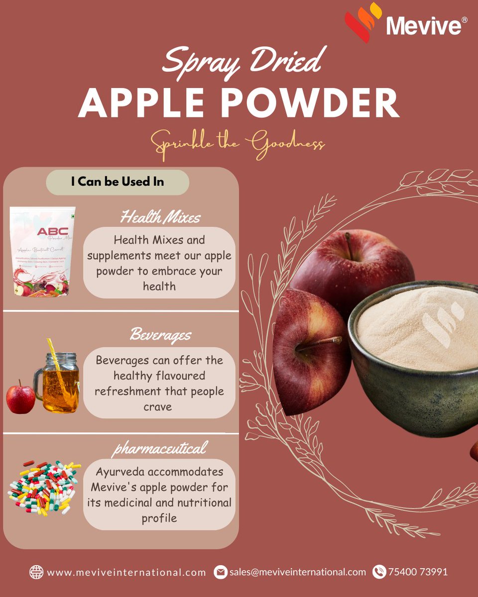 MeviveIntl's tweet image. 🍎Our Premier spray-dried #applepowder elevates #health mixes, #beverages, and #pharmaceuticals. Nutrient-dense and adaptable for maximum #wellness.💫