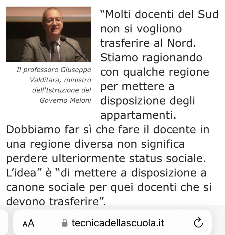 Caro ministro Valditara il nostro status sociale è già andato a farsi benedire da tempo. 

Non ci servono affitti agevolati “in qualche regione”. Ci SERVONO STIPENDI PIÙ ALTI in relazione al costo della vita della regione in cui si insegna. 

Un docente al Nord fa la fame.