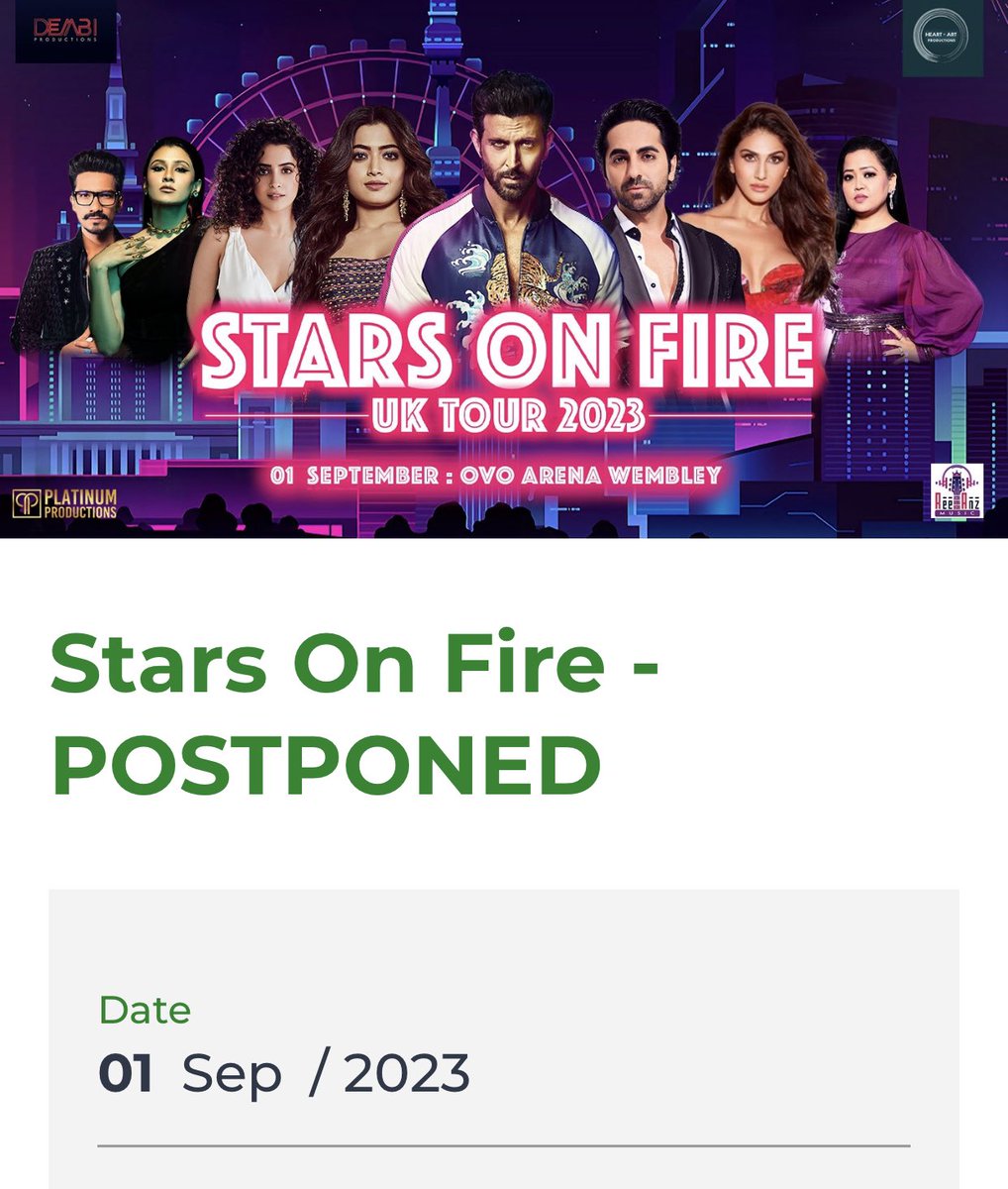 asjadnazir's tweet photo. I wrote in my newspaper column 2 months ago this Bollywood show would be cancelled. Promotors saying it’s a #HrithikRoshan injury forcing postponement. Truth is UK audiences lost interest in seeing Bollywood stars dancing on stage 15-20 years ago. They prefer live music https://t.co/bDKYqMgcIx