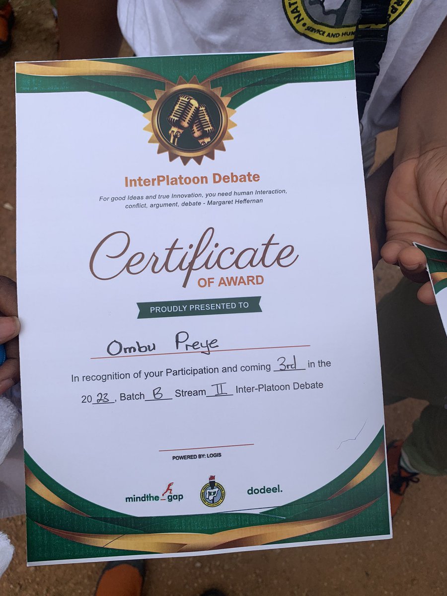 egosensei__TLL's tweet photo. We represented platoon 8 in the @MindThe_GapNG 2023 BATCH B STREAM 2 inter-platoon debate.
@officialNYSCng @dodeelcds @onthejob_ng @skillsprint_ng
#digitalOnboarders #YNEET
#NYSC #23B2 #MTGNG #TheYouthsAreHere #Kubwa, Abuja camp https://t.co/cKUrXie39K