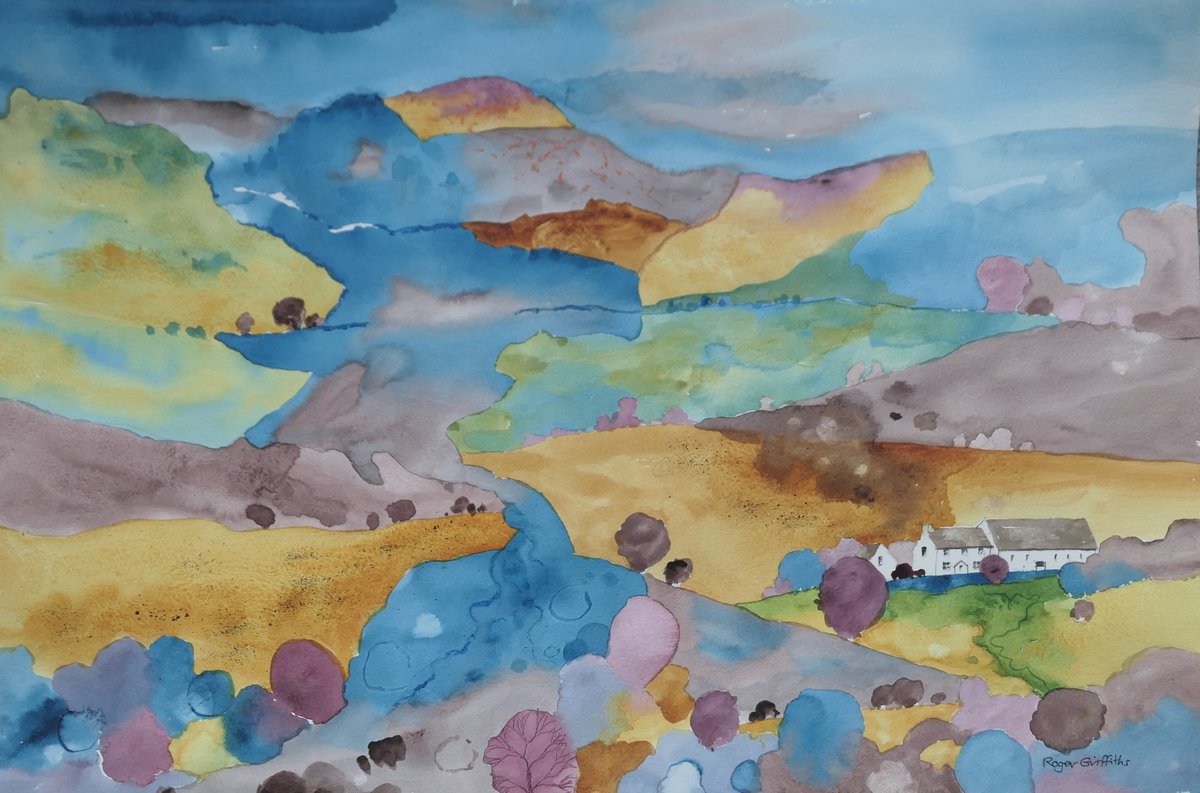 "Remote summer farm", watercolour. This is a composite abstracted view of many upland farmsteads seen while walking in remote rural areas. Patterns and features are conveyed in colour and marks which are often only noticed by a close observation of the landscape.