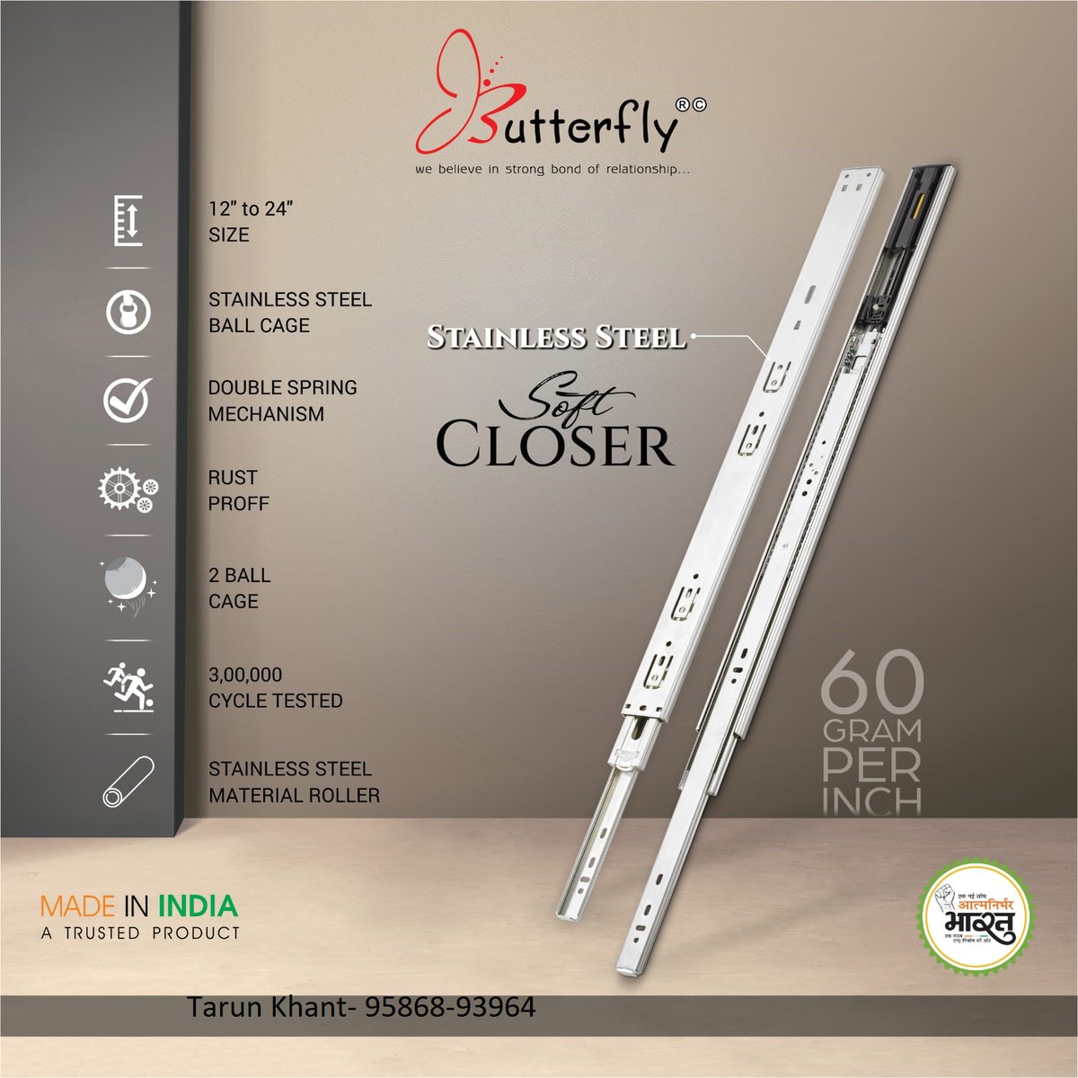 Get the ultimate convenience & reliability with the #Butterfly SS Soft Close #TelescopicChannel.
#butterflydrawerslide #StainlessSteelDrawerSlide #DrawerSlides #TelescopicSlides #StainlessSteelDrawerRunners #Rajkot #ButterflyStainlessSteelSlides #KitchenFittings #KitchenHardware