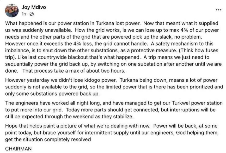 Installing medium sized bitcoin datacentres at generation stations could solve this.  Any of the datacentres can be switched off in seconds and the power immediately made available. It’s like an inverse peaker plant that earns money + stabilizes the grid. 

Chair of Kenya Power: