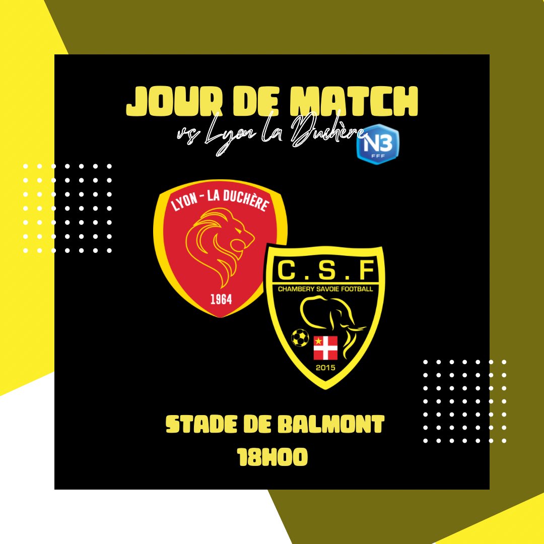#National3 

𝑱𝒐𝒖𝒓 𝒅𝒆 𝒎𝒂𝒕𝒄𝒉 ⚔️

Il est temps de retrouver le championnat National 3 qui s’annoncent cette saison encore, disputé et trépidant ! Premier rdv dans 4h pour nos jaunes et noirs. 💪

🆚 Lyon - La Duchère
📅 Samedi 27 août, 18h00 
📍Stade de Balmont

#TeamCSF