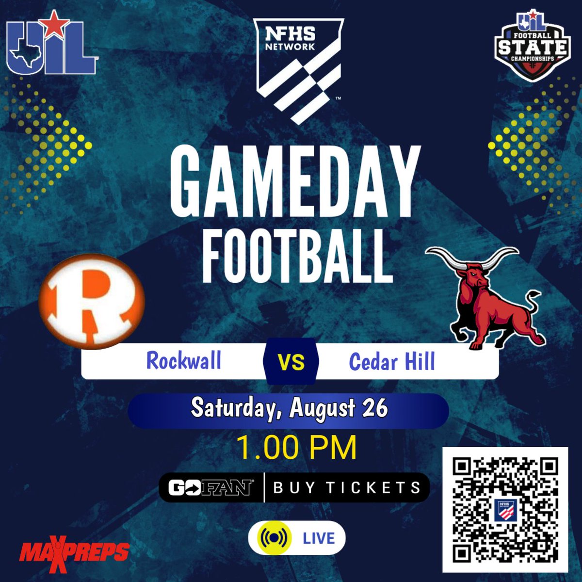 🏆UILTEXAS FOOTBALL 
🏈 Rockwall vs Cedar Hill
📽️ Live Streaming - bit.ly/3YufkaQ
📅Saturday, August 26 @ 1p.
📍Frisco: The Star Ford Center
<a href="/rockwalljfndfb/">Rockwall Football</a> <a href="/CoachBrooks22/">Trey Brooks</a> <a href="/CoachColvin7/">Andrew Colvin</a> <a href="/lakebennett5/">Lake Bennett</a> <a href="/coachbyoung/">Brent W Young</a> <a href="/jacobrhodes42/">Jacob Rhodes</a> <a href="/AshtenEmory/">Ashten “Lil Ash” Emory</a> <a href="/jarrett_stoner/">Jarrett Stoner</a>  <a href="/EverettD33/">Everett Daniels</a>