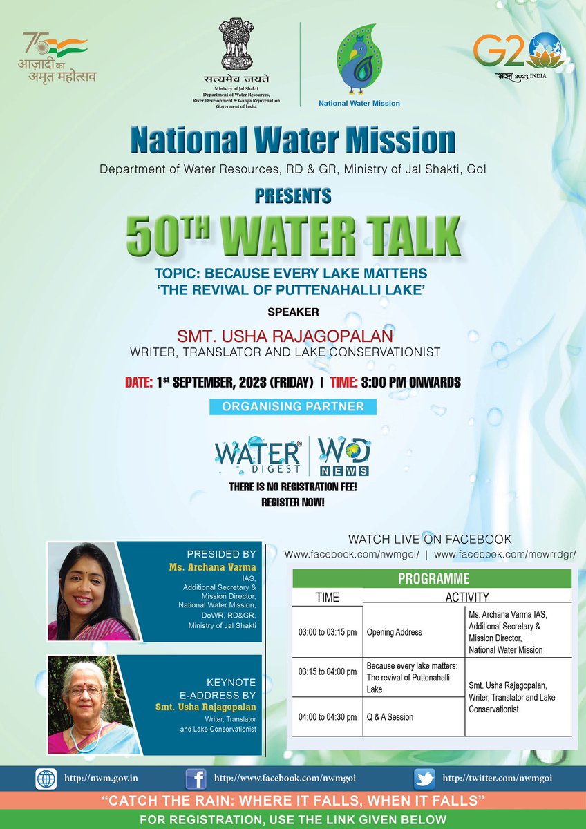Webinar Alert! 

Join us for the 50th Water Talk on September 1st at 3:00 PM (UTC+05:30). 🗓️ Topic: "Because Every Lake Matters: The Revival of Puttenahalli Lake"

🔗 Register here: waterdigest.webex.com/weblink/regist…

Don't miss this insightful discussion  See you there! 💧