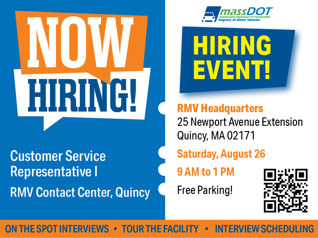 MassRMV's tweet image. #HiringEvent TODAY at our RMV Headquarters in Quincy! 
⏰9am-1pm
📍25 Newport Ave Ext, 
    Quincy, MA