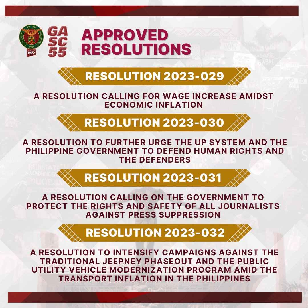uposr's tweet image. During the Convention, the GASC has approved nineteen (19) resolutions which shall serve as a guide for the campaigns of the student councils in the upcoming semester.

The approved resolutions may be accessed at bit.ly/GASC55Resoluti…

#GASC55
#SR40