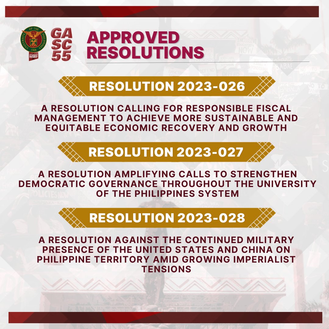 uposr's tweet image. During the Convention, the GASC has approved nineteen (19) resolutions which shall serve as a guide for the campaigns of the student councils in the upcoming semester.

The approved resolutions may be accessed at bit.ly/GASC55Resoluti…

#GASC55
#SR40