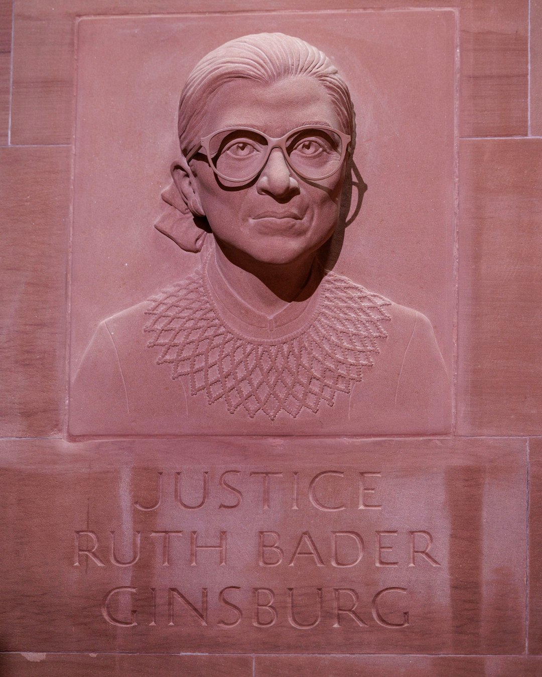 Portrait carving of Justice Ruth Bader Ginsburg on the Great Western Staircase at the New York State Capitol in Albany, NY.