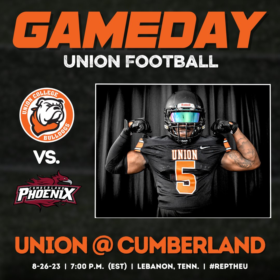 UnionBulldogs's tweet photo. It's GAME DAY for #UnionFootball! The Bulldogs begin the 2023 season tonight with an away game against Cumberland (Tenn.)

#RepTheU

📍 Lebanon, Tenn.
🕖 7:00 p.m. (Est)
📈 https://t.co/MRhuXV8gKM
📹 https://t.co/S9Jf0nHHm3 https://t.co/Hd8sH7XuQ1