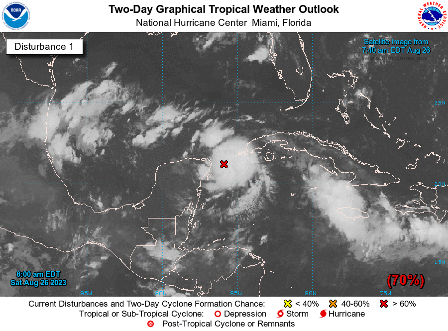 NHC_Atlantic's tweet photo. 8AM 26 Aug:  A disturbance in the Yucatan channel continues to show signs of organization. Interest in the Yucatan, W Cuba and Florida need to continue to monitor the progress of this system through the weekend. Stay up to date with the latest at https://t.co/tW4KeGe9uJ https://t.co/I3aRhxenYs
