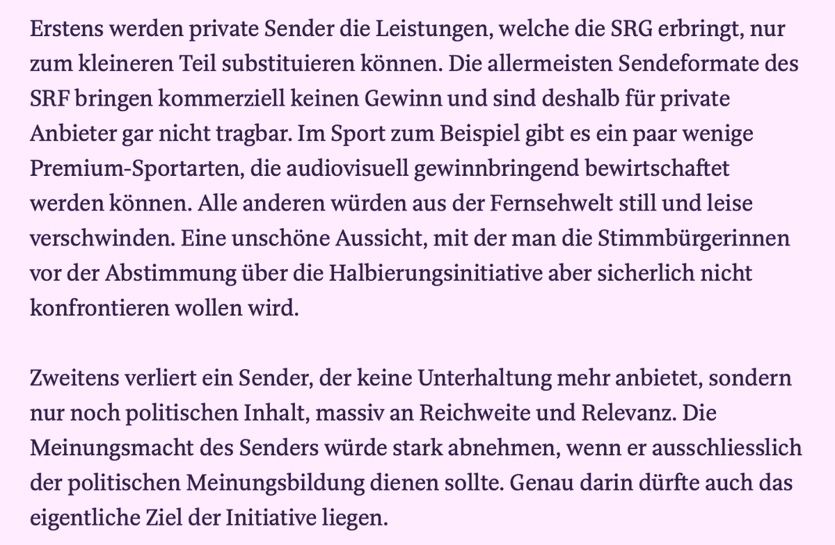 Die #SRG ohne Sport &amp; Unterhaltung - so wollen es die Libertären mit ihrer #Halbierungsinitiative. Doch ihr Fernziel ist ein anderes. Zur Analyse von #Republik-<a href="/DBinswanger/">Daniel Binswanger</a>:  republik.ch/2023/08/26/bin… 
Wer #ProMedienvielfalt einstehen will: hier✍️
pro-medienvielfalt.ch