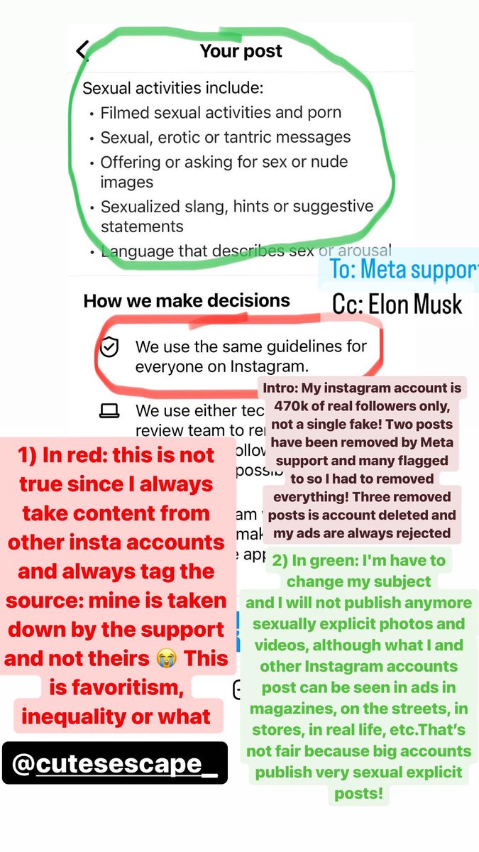 cutesescape's tweet photo. @elonmusk Hello Elon, My instagram @cutesescape_ 470+ has been disabled because I publish this! I don’t anymore instagram 😭 Maybe this a subject for you my debate with @markzuckenberg ? Favoritism, inequality and even racism at the censorship level. Best regards, Cutes https://t.co/xZU67bjYcG