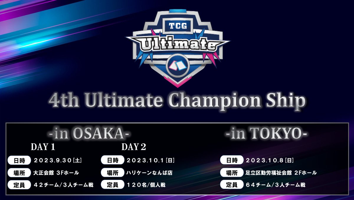 ultimate_camp's tweet image. 【大会告知】
4th Ultimate ChampionShip
開催決定‼️

なんと大阪・東京の２都市で開催🐣🔥
大阪大会は３人チーム戦、個人戦の２DAYで開催💥

■大阪大会 DAY１
tonamel.com/competition/SE…

■大阪大会 DAY２
tonamel.com/competition/lf…

■東京大会
tonamel.com/competition/QL…

#ヴァンガード
#UCS_VG
