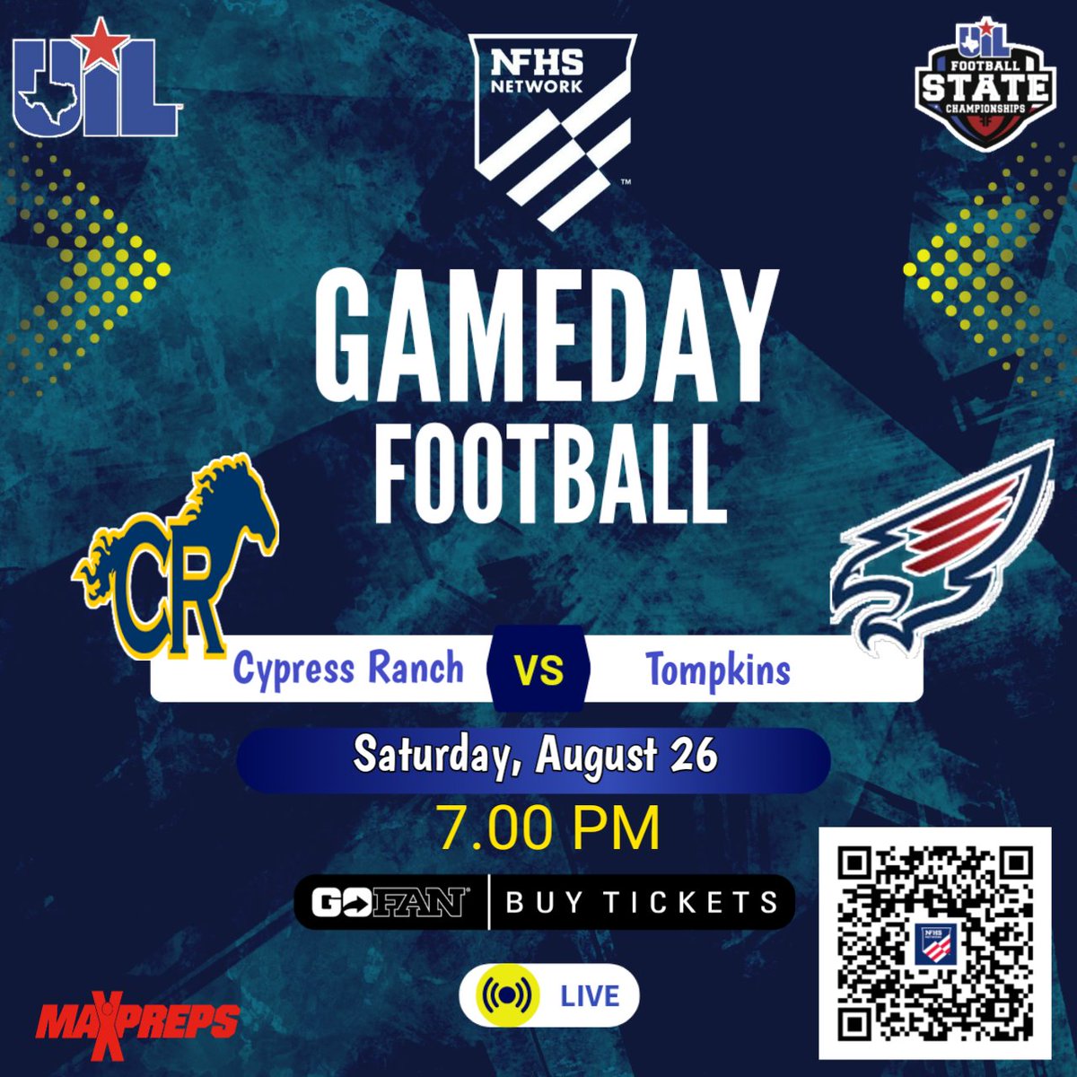 🏆UILTEXAS FOOTBALL 
🏈 Cypress Ranch vs Tompkins
📽️ Live Streaming - bit.ly/3YufkaQ
📅Saturday, August 26 @ 7p.
📍Legacy Stadium
<a href="/cyranchfootball/">Cypress Ranch Football</a> <a href="/CyRanchHS/">Cypress Ranch HS</a> @Ranch_CoachMac <a href="/CyRanchBoosters/">Cypress Ranch Athletic Booster Club (CRABC)</a> <a href="/CoachLanceDale1/">Coach Lance Dale</a> <a href="/carrier_teddy/">Coach Teddy Carrier, M.Ed.</a> <a href="/BradBeerwinkel/">Coach Beerwinkel</a> <a href="/PThomas2026/">Peyton Thomas</a>  @jonathanmorncy