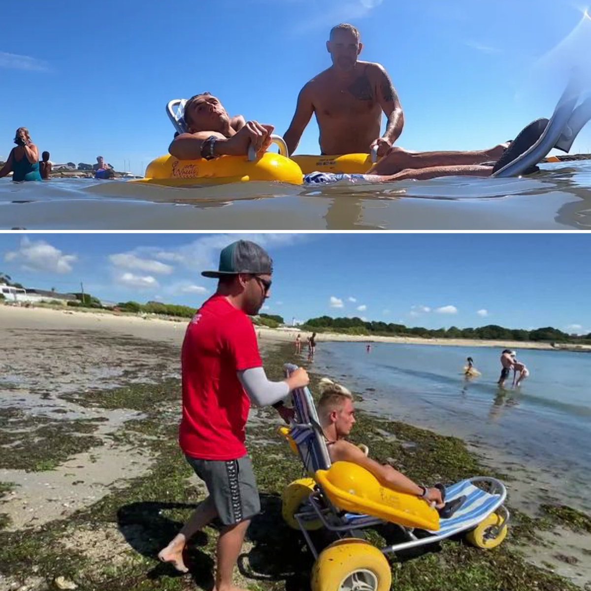 CerfiaFR's tweet photo. 💚🇫🇷 SMILE | Trois plages sont désormais labellisées « handiplages » dans l'agglomération de #Lorient, permettant ainsi aux personnes en situation de handicap d'en profiter pleinement. 🥹

👉 Tous les jours, depuis le début de l'été, les maîtres-nageurs les accueillent et mettent à disposition du matériel adapté. C'est un service de la ville qui est gratuit. 👏

Un enfant de 11 ans découvre ce service pour la première fois : « Cela lui permet de prendre le goémon, de toucher l'eau avec ses mains, de jeter des galets et d'être à proximité d'autres enfants », déclare la mamie. 🧡