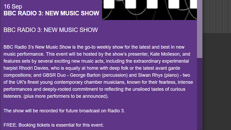 16 Sep: Pleased to announce a programme of Tim Parkinson & Barbara Monk Feldman! + Eva-Maria Houben with living legend @rhodrijd who will also play his own mind-bending set. Hosted by ANOTHER living legend @KateMolleson for @BBCRadio3 #NMS Tickets FREE: mwldan.co.uk/whatson/live-t…