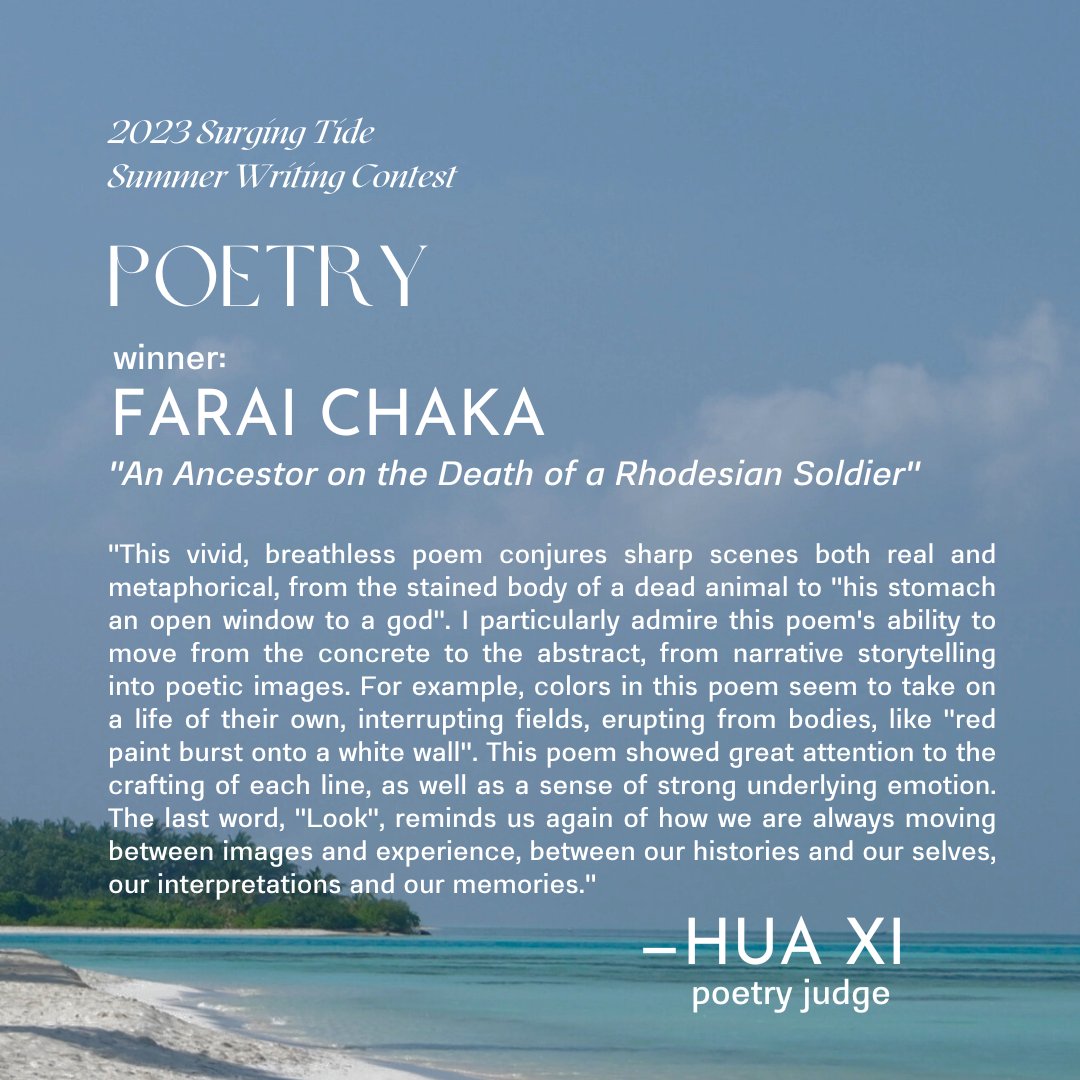 surgingtidemag's tweet photo. Announcing the results of Surging Tide’s 2023 Summer Writing Contest, judged by the wonderful Hua Xi @huaxixyz and aureleo sans @aureleos! Congratulations to Farai Chaka @FJChaka, Smile Ximai Jiang @smiii_jiang, Sandra Nuochen @sandranuochen, and Julia Pols 🌊🤍 https://t.co/hDIKo0nZiB