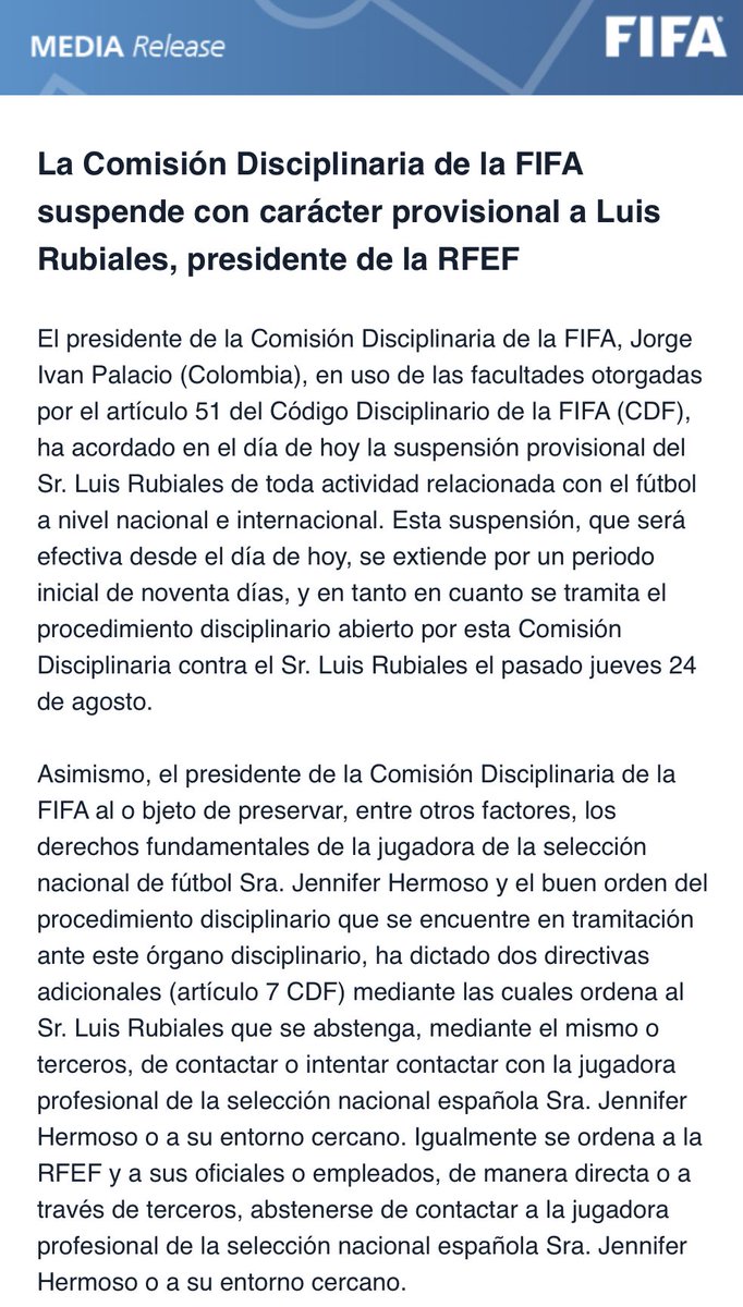 MariaTikas's tweet photo. La FIFA suspende con carácter provisional a Luis Rubiales https://t.co/71x4yVoOMV