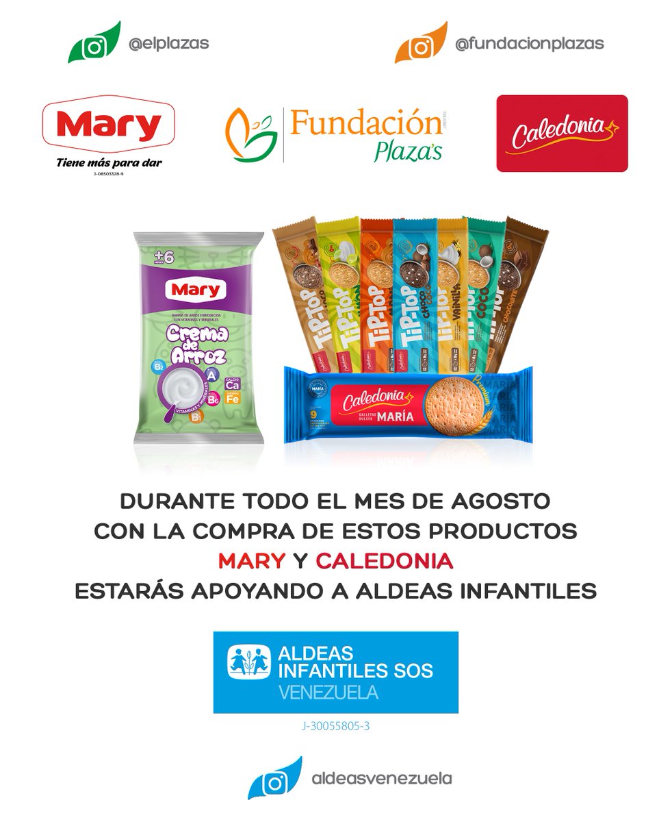 ¡Llegó el fin de semana y de seguro realizarás tus compras 🛒! Al pasar por el <a href="/elplazas/">Automercados Plazas</a> compra estos productos de @alimentosmaryve y @galletascaledonia para que más niños crezcan en familia. Válido durante todo el mes de agosto ¡Sigamos alimentando conciencia! 💚 💙