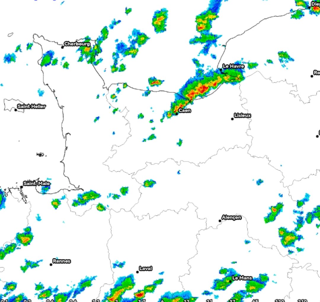 NormandieMeteo's tweet image. MÉTÉO - Des averses parfois #orageuses sont en cours le long des côtes du #Calvados.